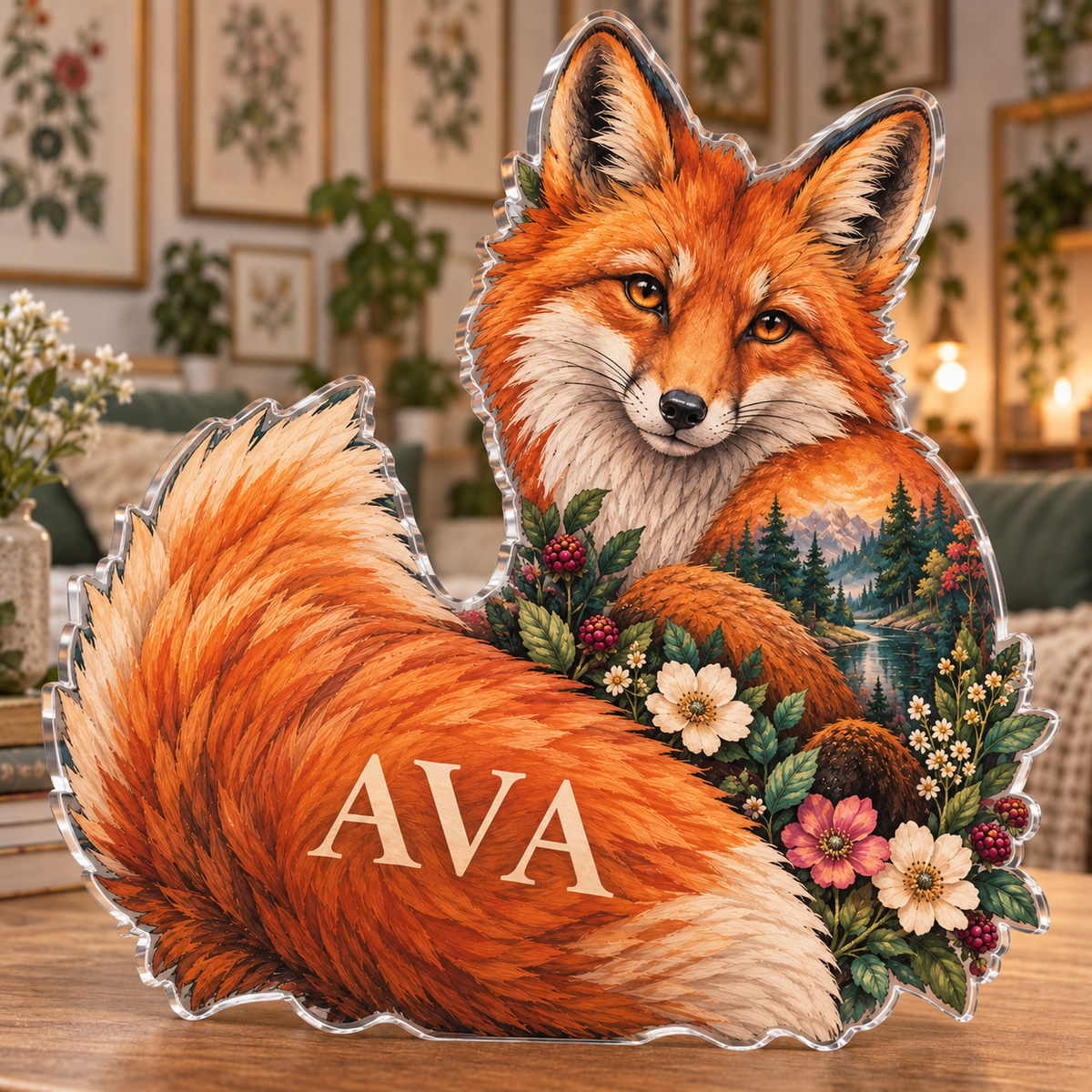 Personalized Fox And Wildflowers — Apartment Gallery Wall acrylic plaque with an example name set into the artwork, digital preview