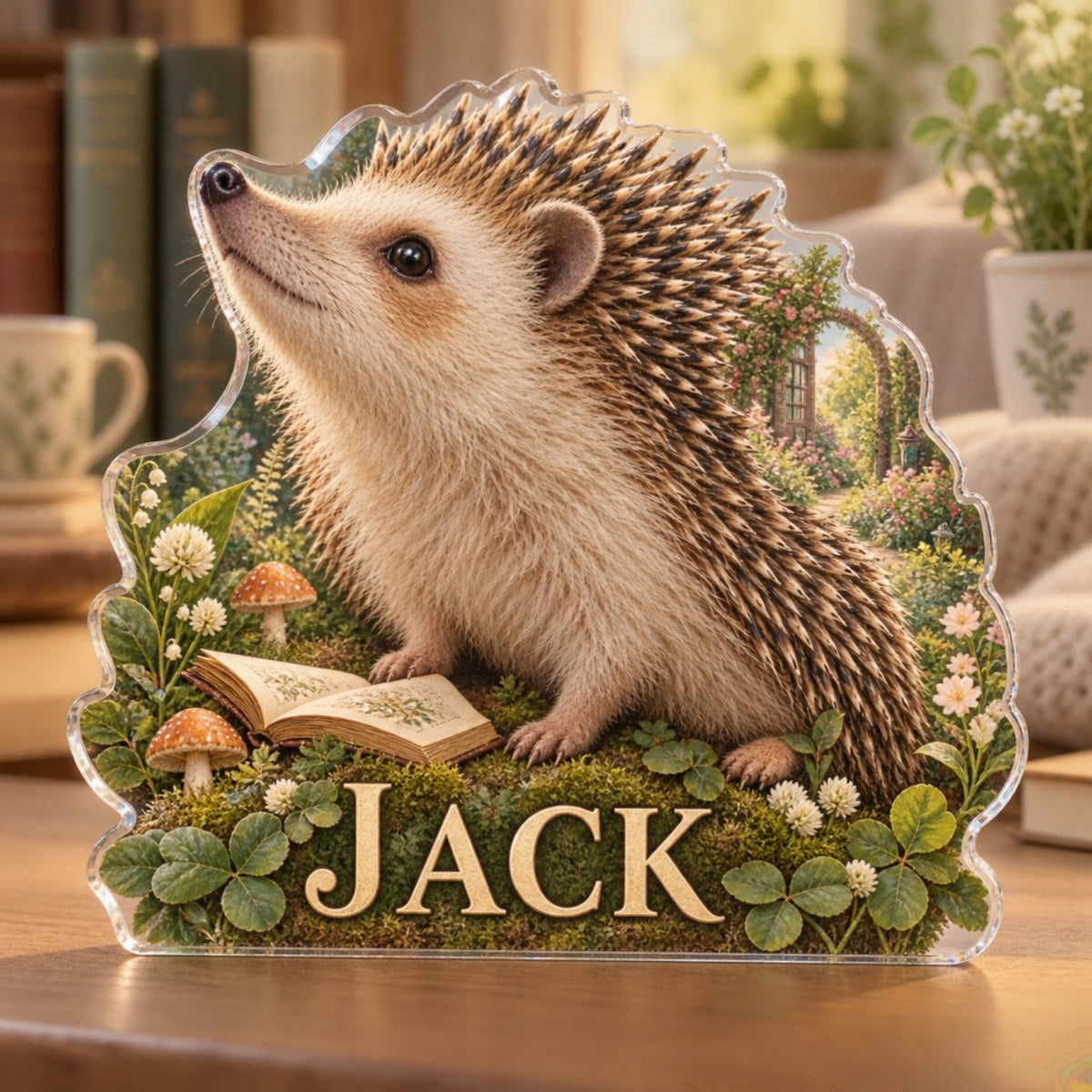 Personalized Hedgehog Garden Reading Nook Decor custom shape acrylic plaque with an example name set into the artwork, digital preview