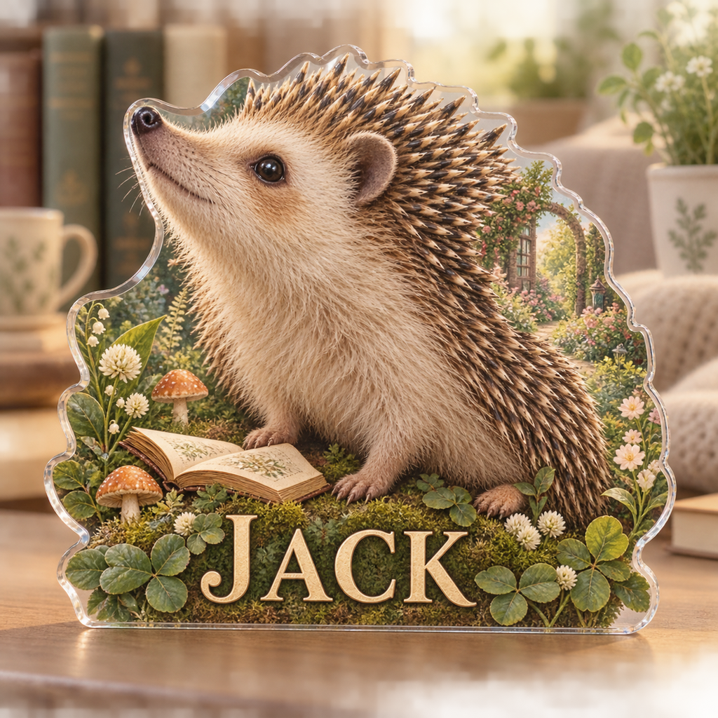 Artwork visualization: Hedgehog garden — reading nook decor, personalized JACK, subject-shaped acrylic with printed optical 3D depth; not carved relief.