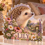 Artwork visualization: Hedgehog garden — bedroom statement decor, personalized LILY, subject-shaped acrylic with printed optical 3D depth; not carved relief.