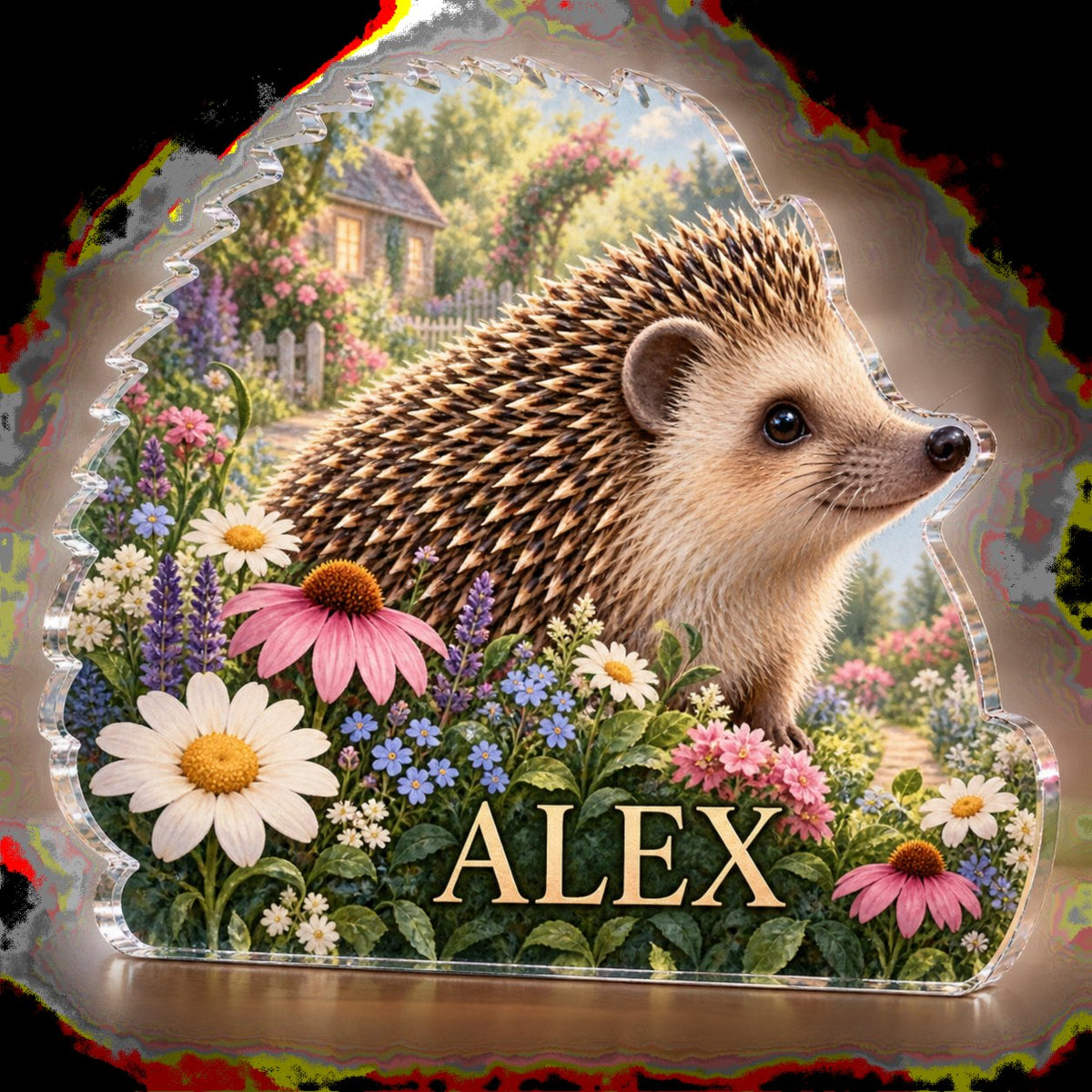 Personalized Hedgehog Garden Living Room Focal Point custom shape acrylic plaque with an example name set into the artwork, digital preview