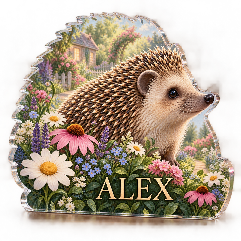 Artwork visualization: Hedgehog garden — living room focal point, personalized ALEX, subject-shaped acrylic with printed optical 3D depth; not carved relief.