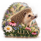 Artwork visualization: Hedgehog garden — living room focal point, personalized ALEX, subject-shaped acrylic with printed optical 3D depth; not carved relief.