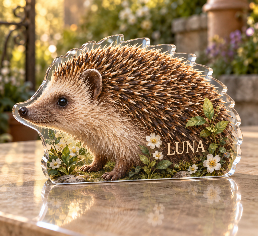 Artwork visualization: Hedgehog garden — personalized housewarming, personalized LUNA, subject-shaped acrylic with printed optical 3D depth; not carved relief.