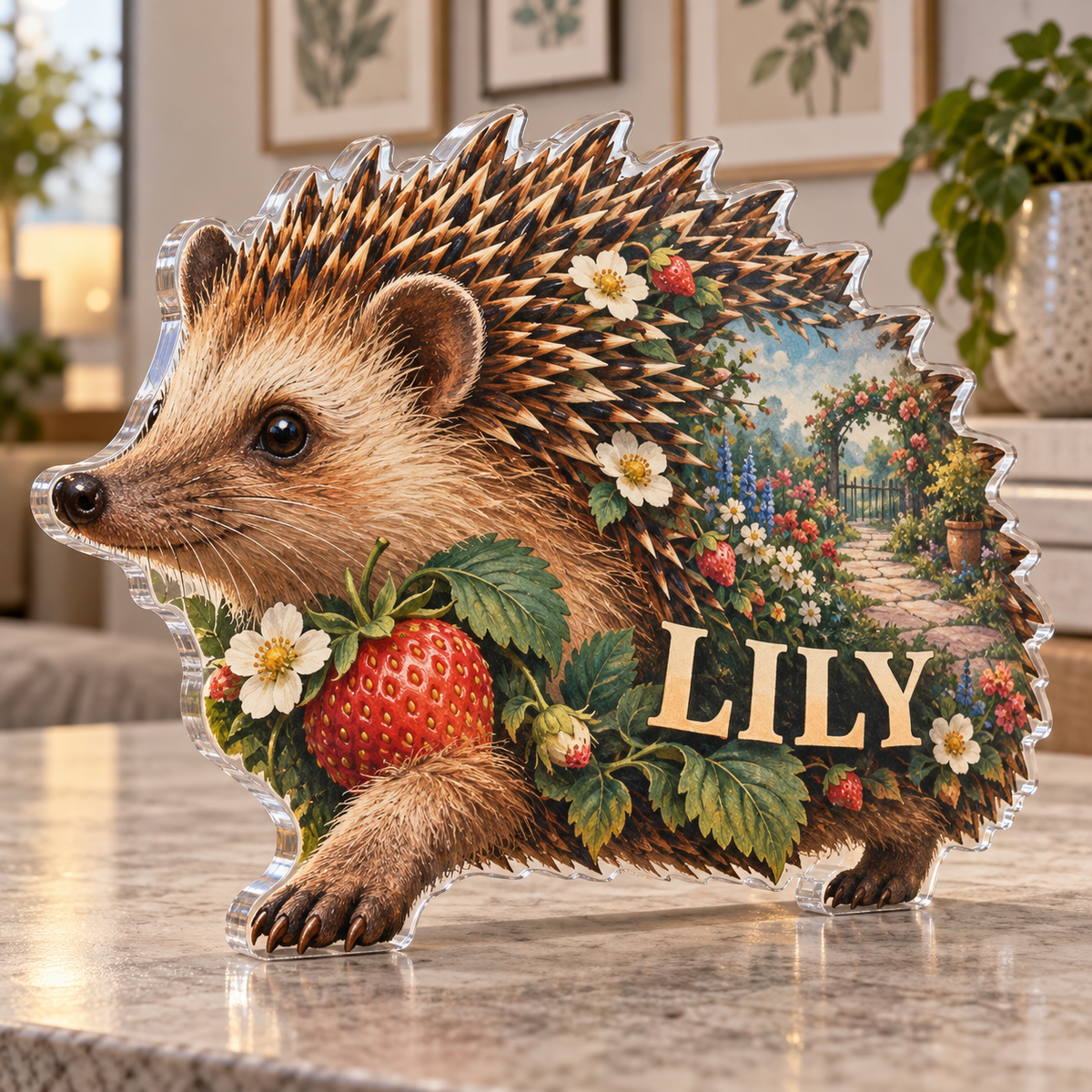 Personalized Hedgehog Garden — Apartment Gallery Wall acrylic plaque with an example name set into the artwork, digital preview