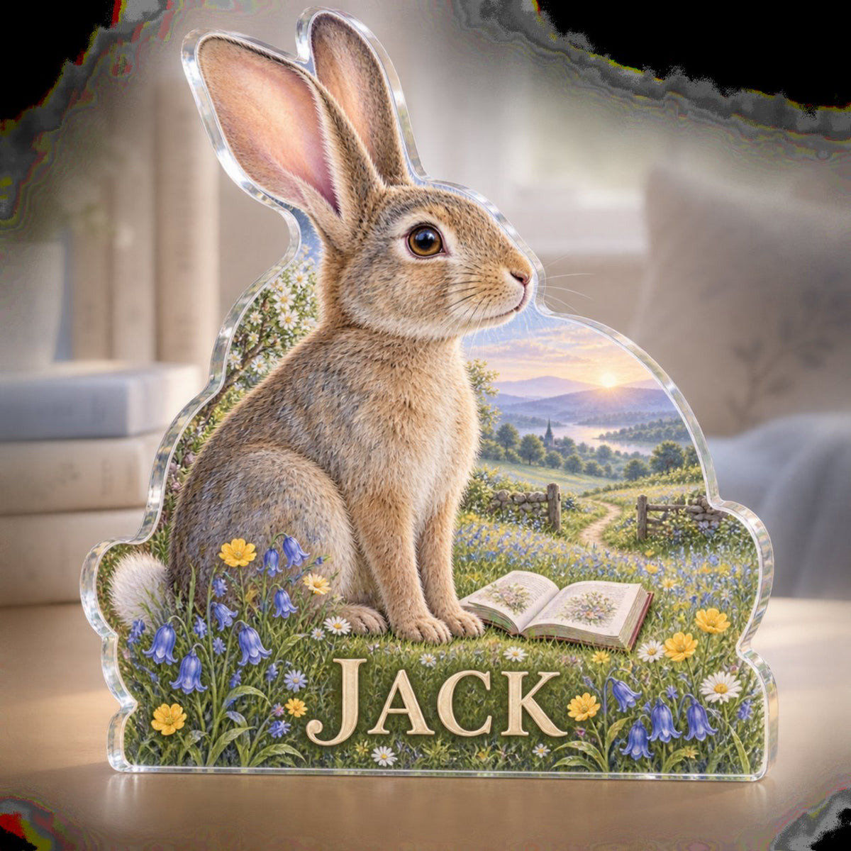Personalized Rabbit Meadow Reading Nook Decor custom shape acrylic plaque with an example name set into the artwork, digital preview