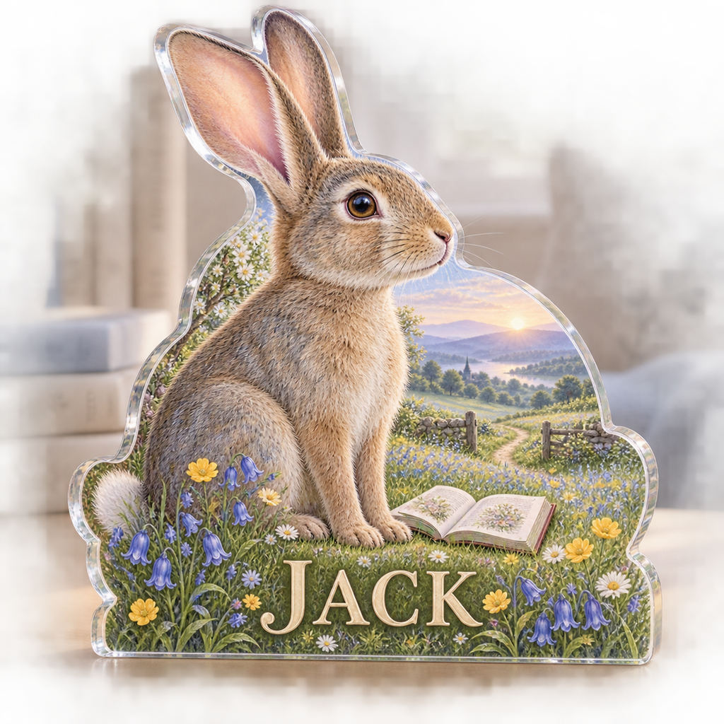 Artwork visualization: Rabbit meadow — reading nook decor, personalized JACK, subject-shaped acrylic with printed optical 3D depth; not carved relief.