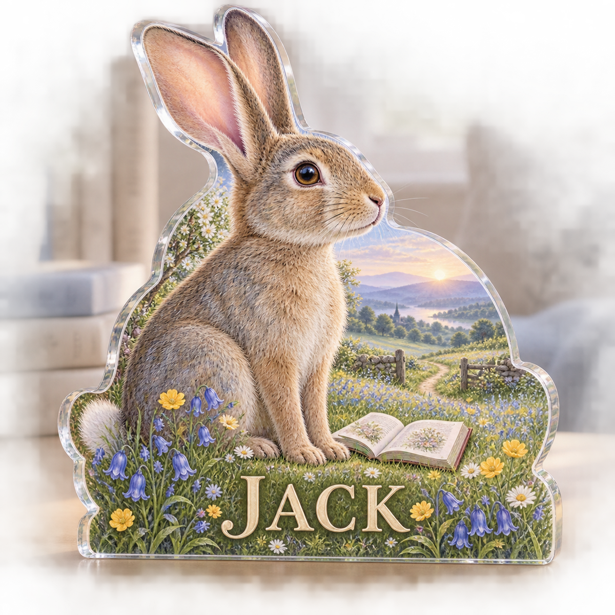 Artwork visualization: Rabbit meadow — reading nook decor, personalized JACK, subject-shaped acrylic with printed optical 3D depth; not carved relief.