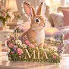 Artwork visualization: Rabbit meadow — bedroom statement decor, personalized MIA, subject-shaped acrylic with printed optical 3D depth; not carved relief.