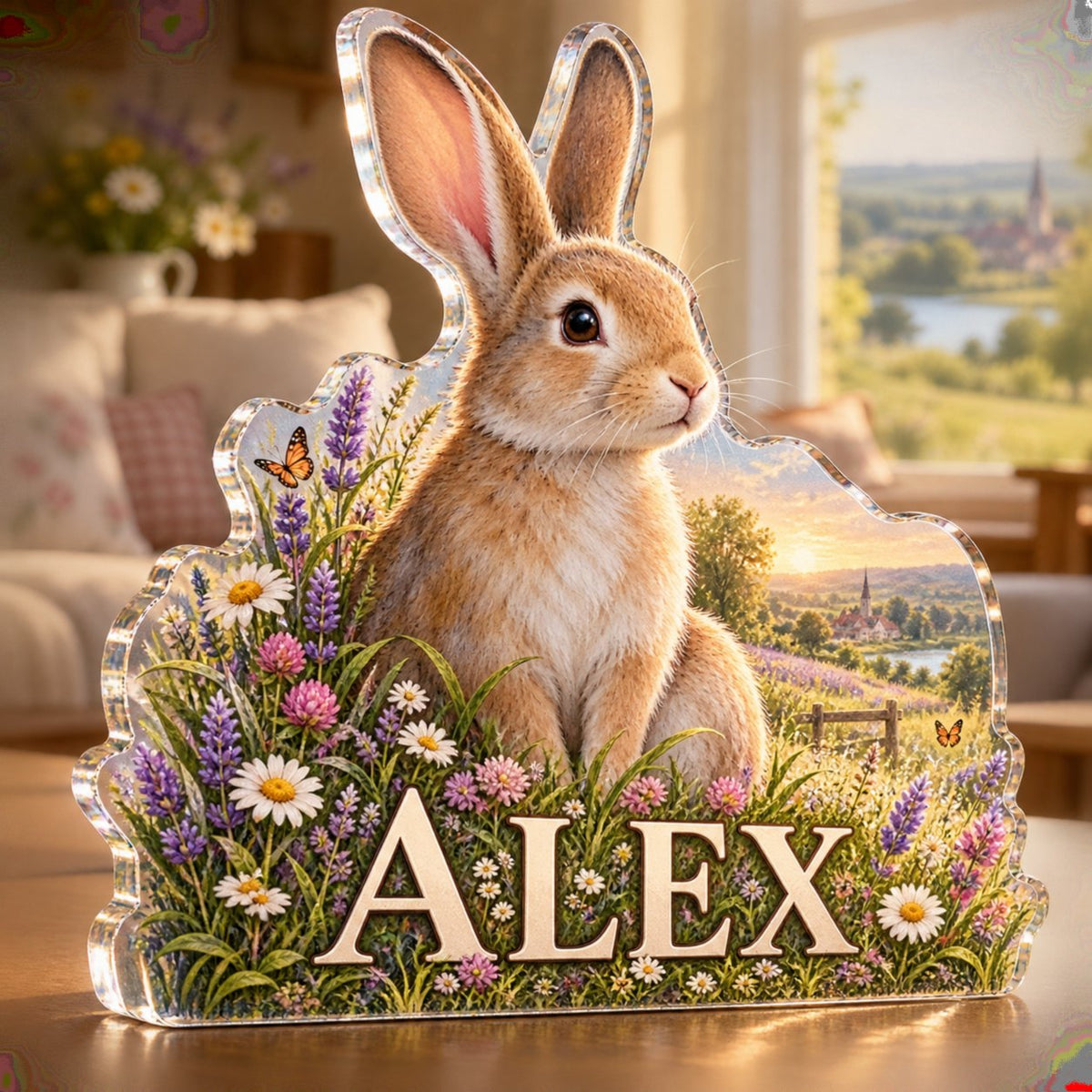 Personalized Rabbit Meadow Living Room Focal Point custom shape acrylic plaque with an example name set into the artwork, digital preview