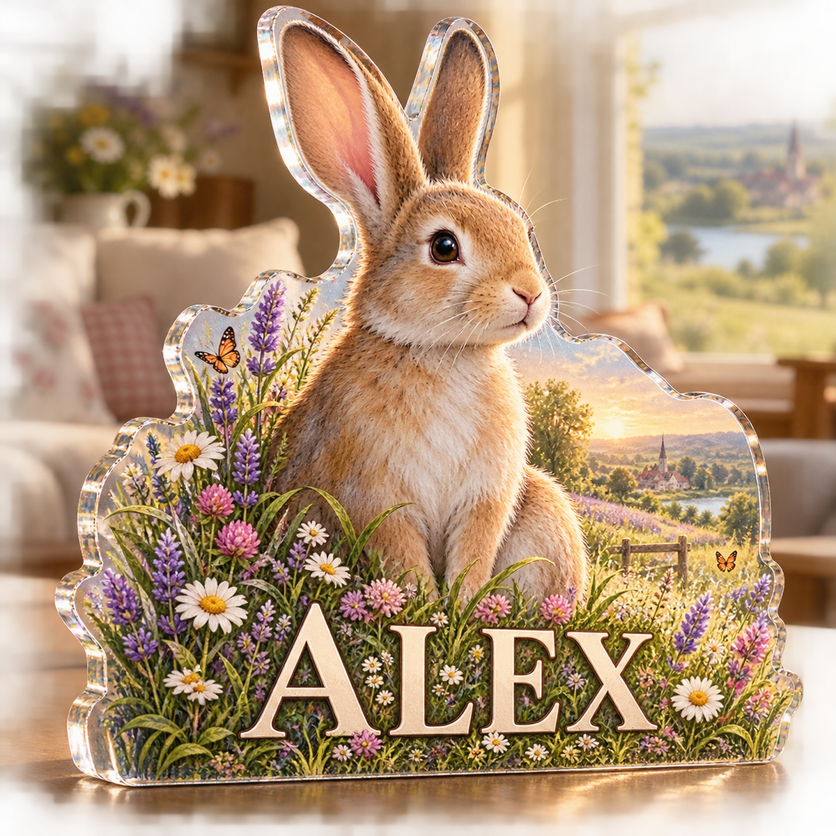 Artwork visualization: Rabbit meadow — living room focal point, personalized ALEX, subject-shaped acrylic with printed optical 3D depth; not carved relief.