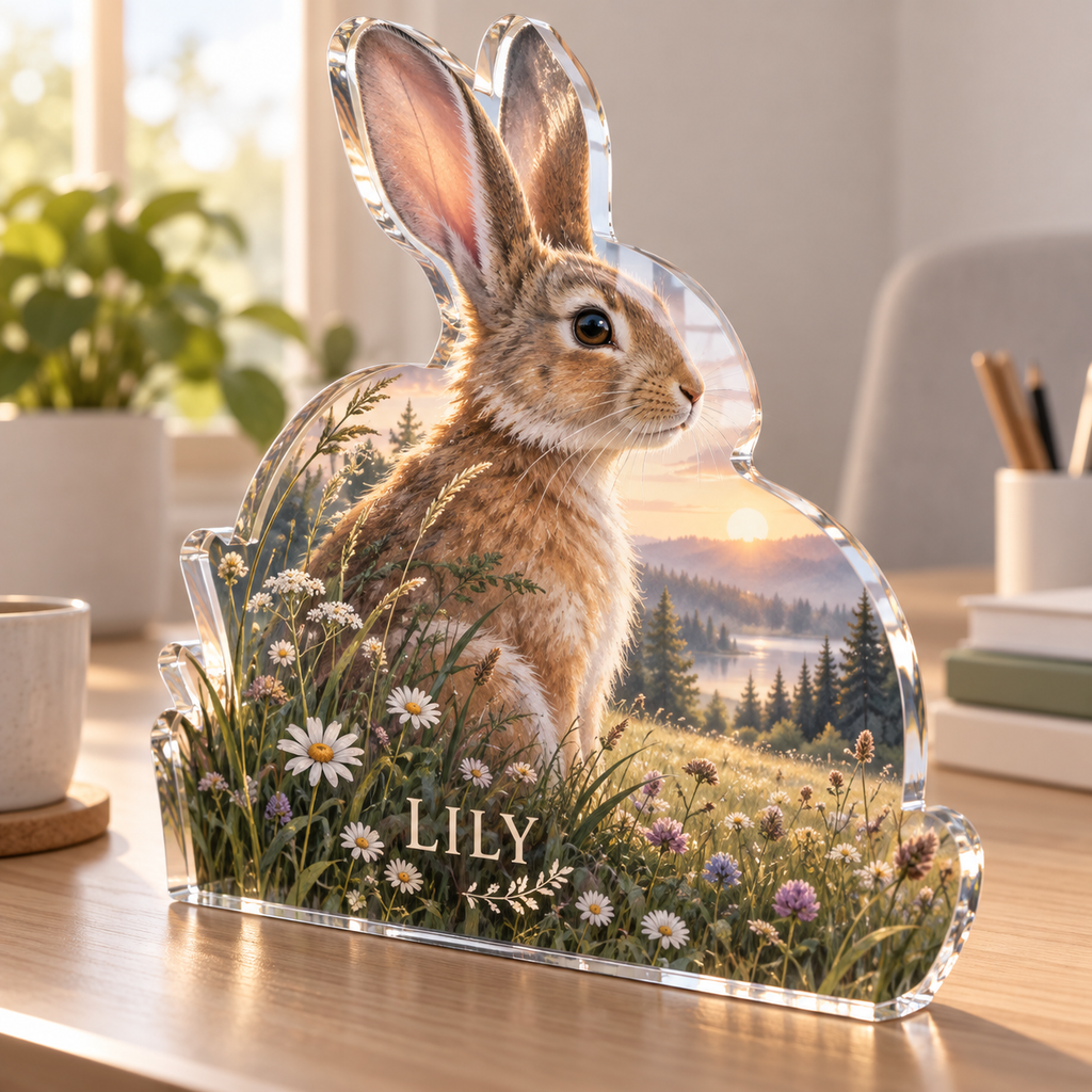 Artwork visualization: Rabbit meadow — home office backdrop, personalized LILY, subject-shaped acrylic with printed optical 3D depth; not carved relief.