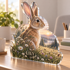 Artwork visualization: Rabbit meadow — home office backdrop, personalized LILY, subject-shaped acrylic with printed optical 3D depth; not carved relief.