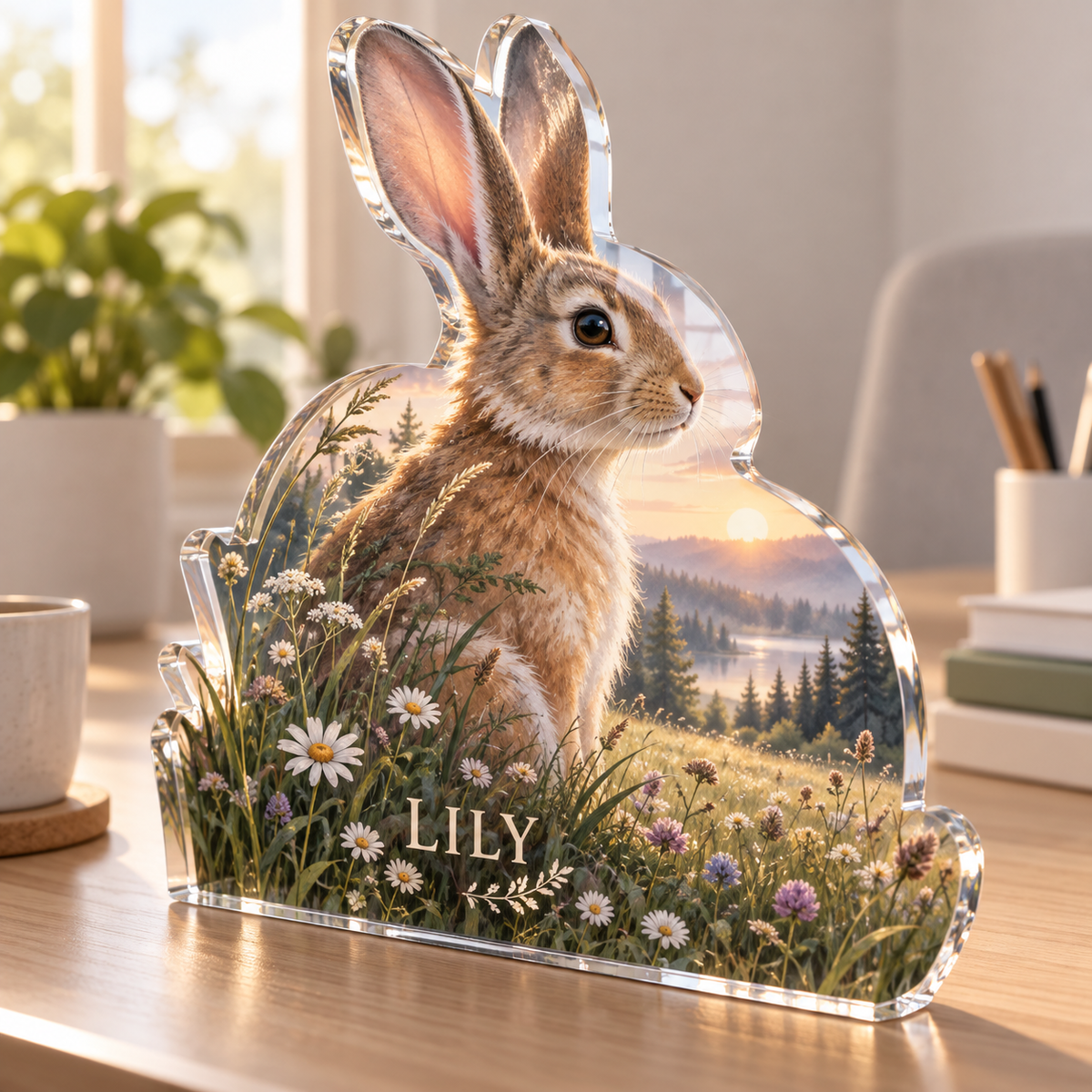 Artwork visualization: Rabbit meadow — home office backdrop, personalized LILY, subject-shaped acrylic with printed optical 3D depth; not carved relief.