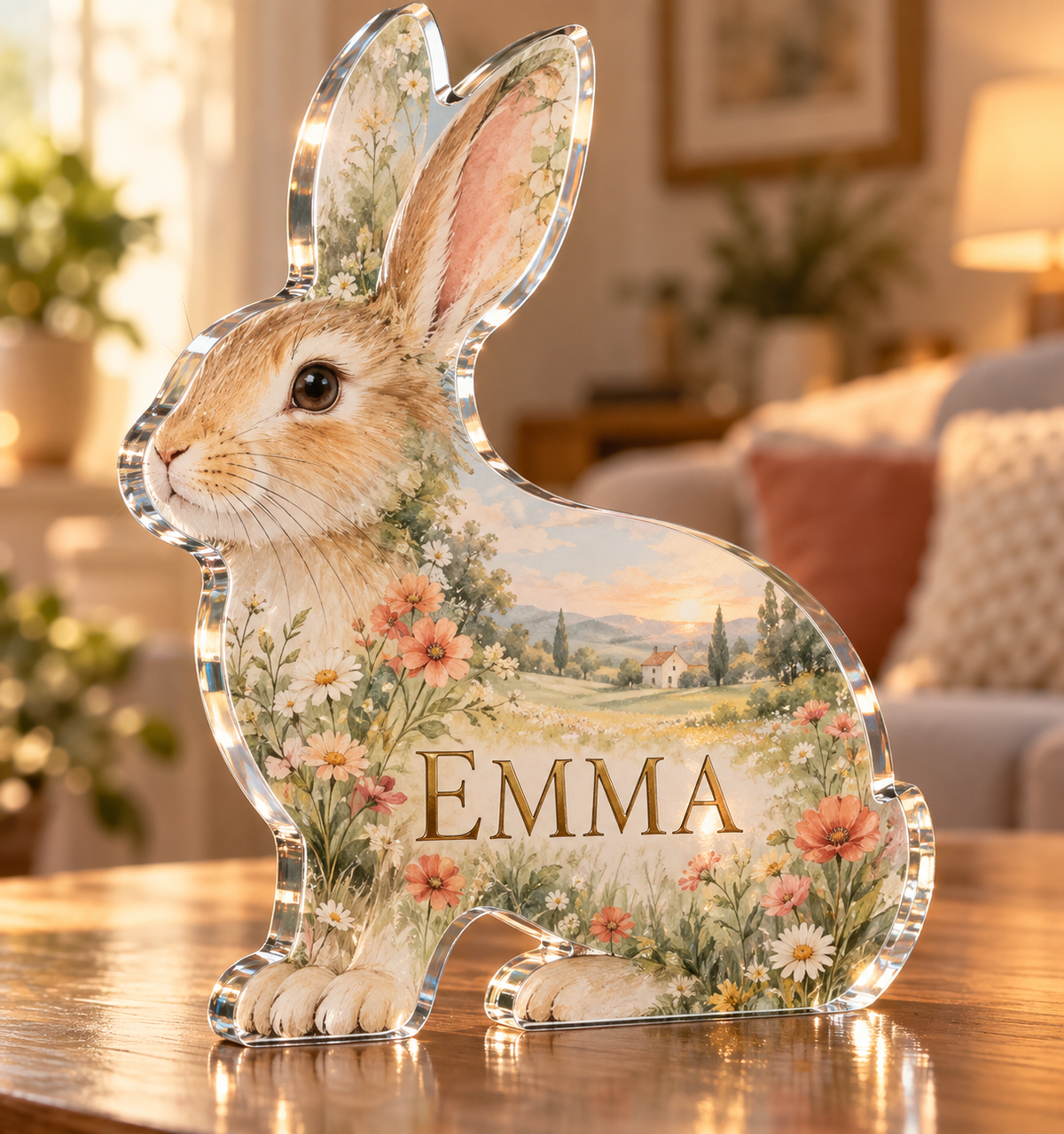 Artwork visualization: Rabbit meadow — personalized housewarming, personalized EMMA, subject-shaped acrylic with printed optical 3D depth; not carved relief.