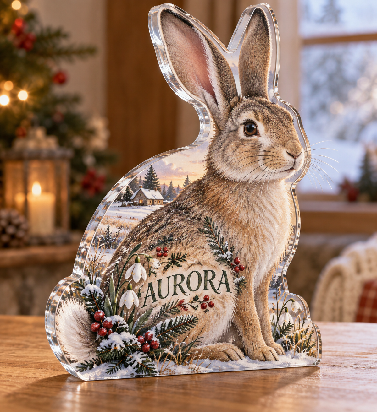 Artwork visualization: Rabbit meadow — quiet corner decoration, personalized AURORA, subject-shaped acrylic with printed optical 3D depth; not carved relief.