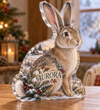 Artwork visualization: Rabbit meadow — quiet corner decoration, personalized AURORA, subject-shaped acrylic with printed optical 3D depth; not carved relief.