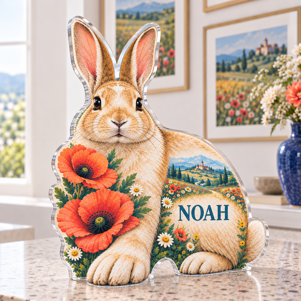 Personalized Rabbit Meadow — Apartment Gallery Wall acrylic plaque with an example name set into the artwork, digital preview