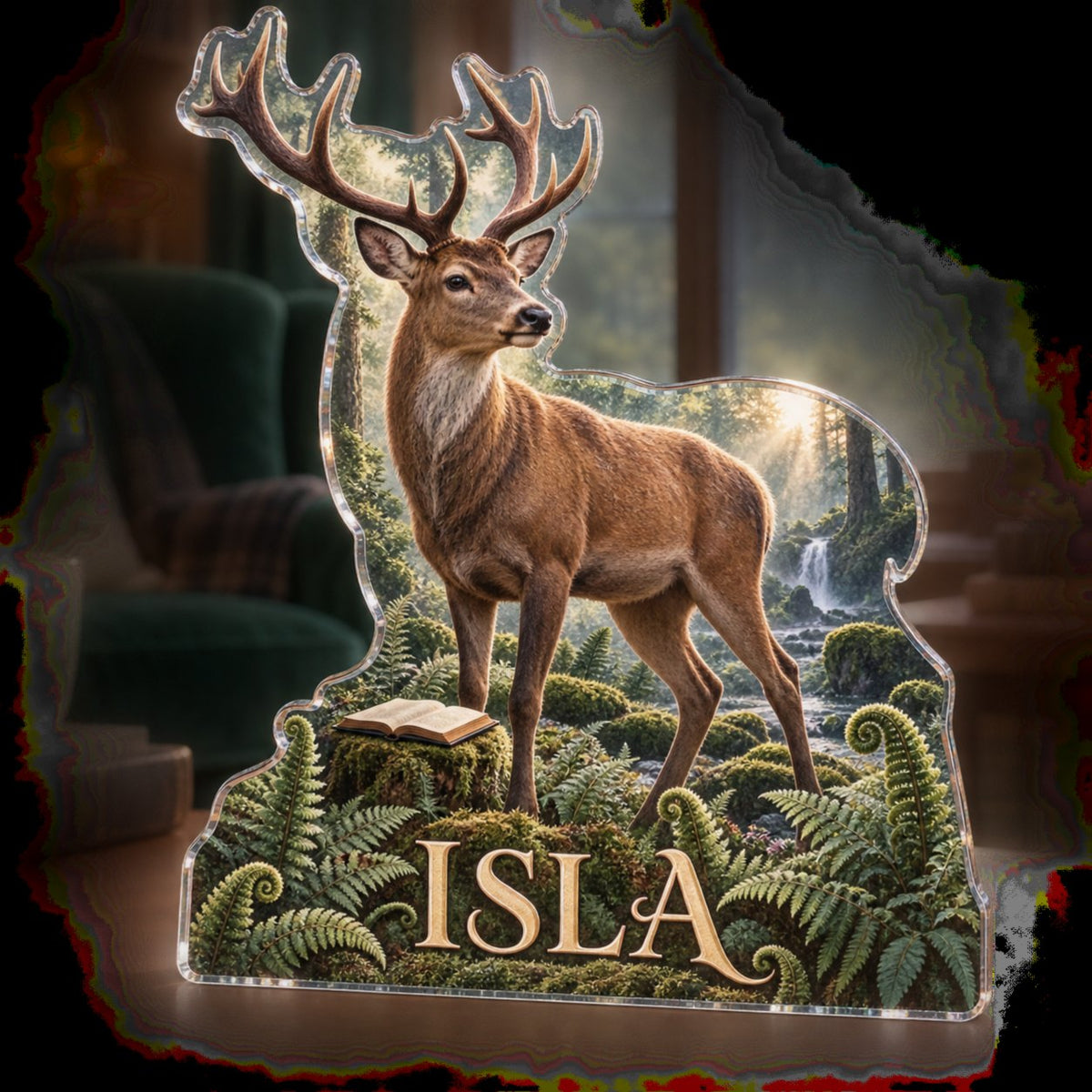 Personalized Deer And Ferns Reading Nook Decor custom shape acrylic plaque with an example name set into the artwork, digital preview
