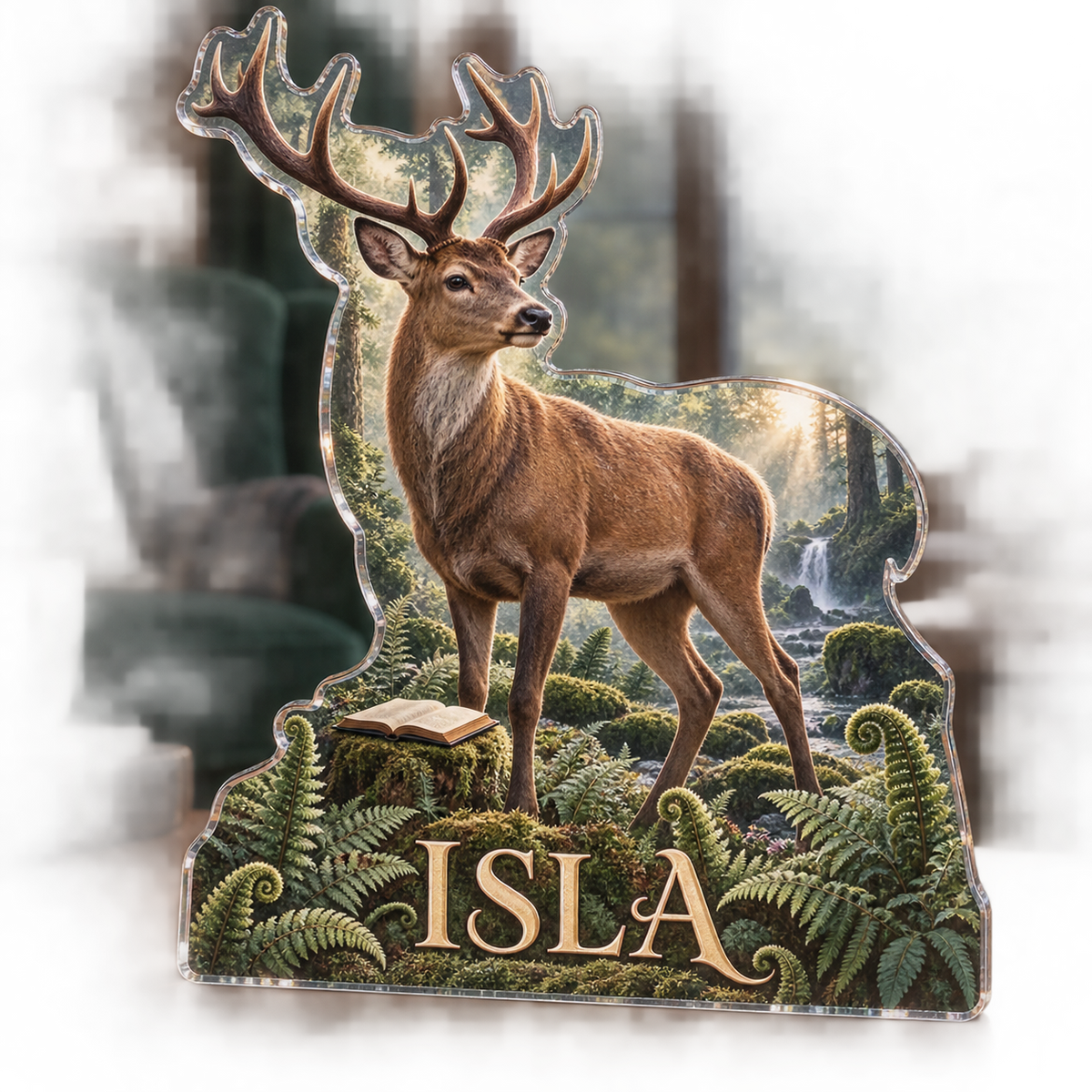 Artwork visualization: Deer and ferns — reading nook decor, personalized ISLA, subject-shaped acrylic with printed optical 3D depth; not carved relief.