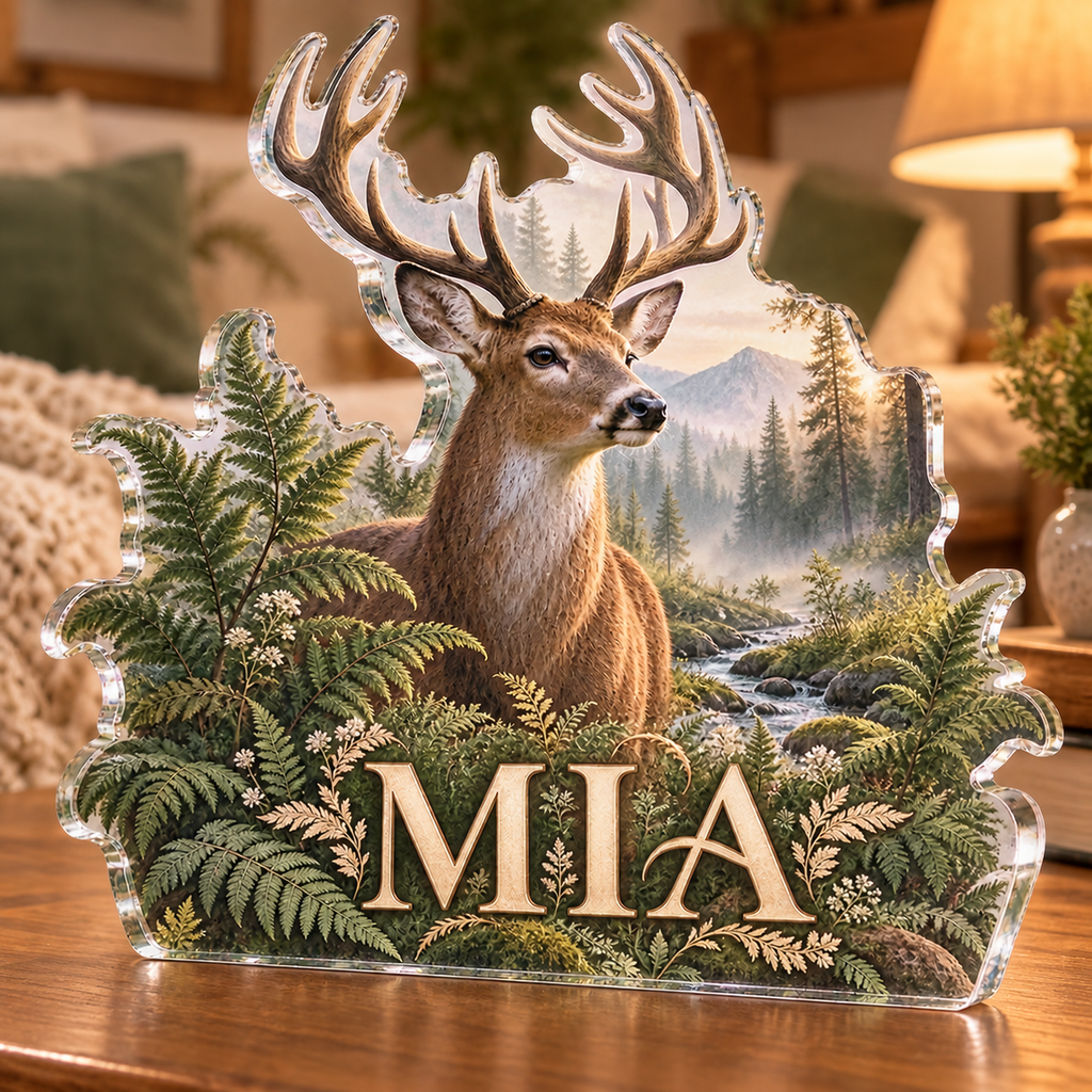 Artwork visualization: Deer and ferns — bedroom statement decor, personalized MIA, subject-shaped acrylic with printed optical 3D depth; not carved relief.