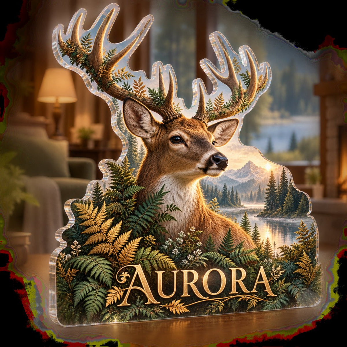 Personalized Deer And Ferns Living Room Focal Point custom shape acrylic plaque with an example name set into the artwork, digital preview