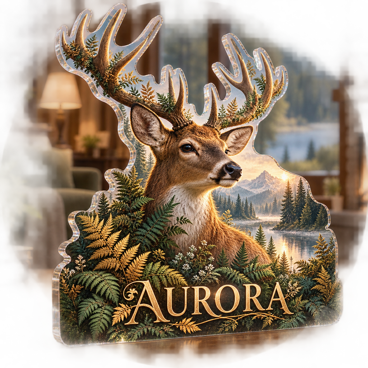 Artwork visualization: Deer and ferns — living room focal point, personalized AURORA, subject-shaped acrylic with printed optical 3D depth; not carved relief.