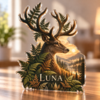Artwork visualization: Deer and ferns — home office backdrop, personalized LUNA, subject-shaped acrylic with printed optical 3D depth; not carved relief.