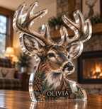 Artwork visualization: Deer and ferns — personalized housewarming, personalized OLIVIA, subject-shaped acrylic with printed optical 3D depth; not carved relief.