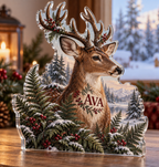 Artwork visualization: Deer and ferns — quiet corner decoration, personalized AVA, subject-shaped acrylic with printed optical 3D depth; not carved relief.