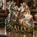 Artwork visualization: Deer and ferns — collector birthday keepsake, personalized ALEX, subject-shaped acrylic with printed optical 3D depth; not carved relief.