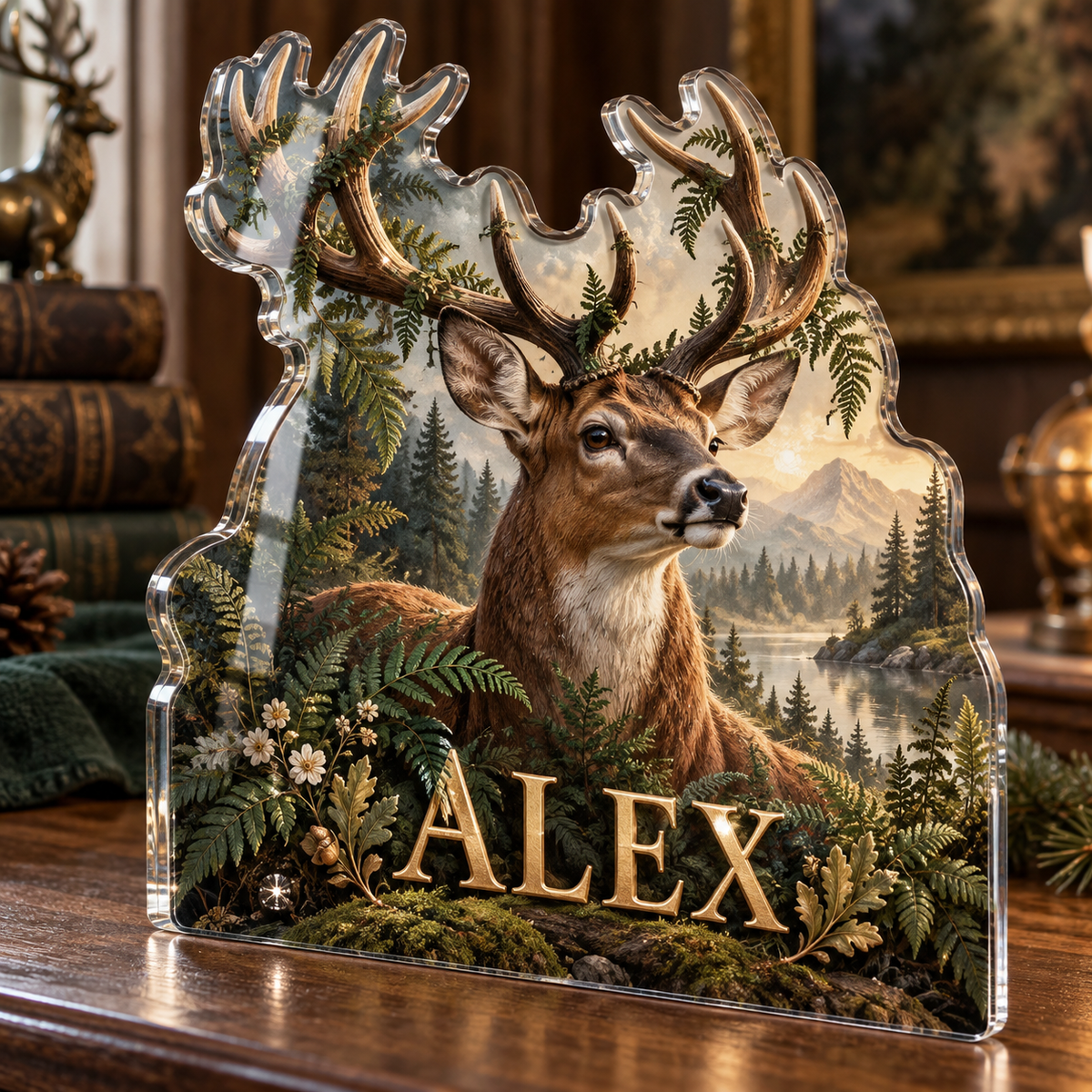 Artwork visualization: Deer and ferns — collector birthday keepsake, personalized ALEX, subject-shaped acrylic with printed optical 3D depth; not carved relief.
