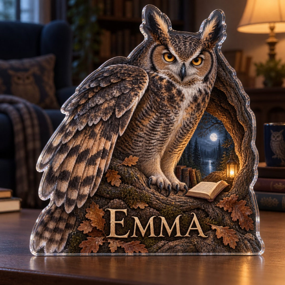 Personalized Owl Hollow Reading Nook Decor custom shape acrylic plaque with an example name set into the artwork, digital preview