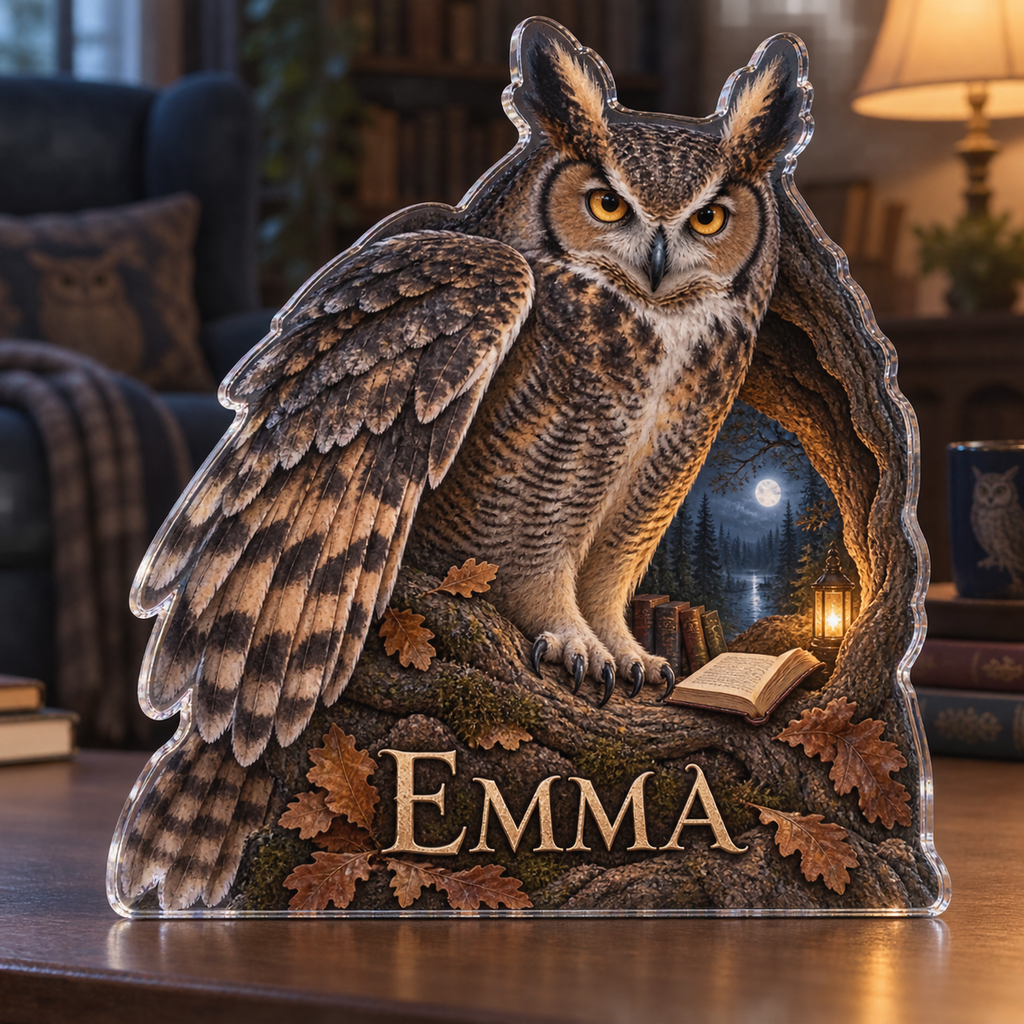 Artwork visualization: Owl hollow — reading nook decor, personalized EMMA, subject-shaped acrylic with printed optical 3D depth; not carved relief.