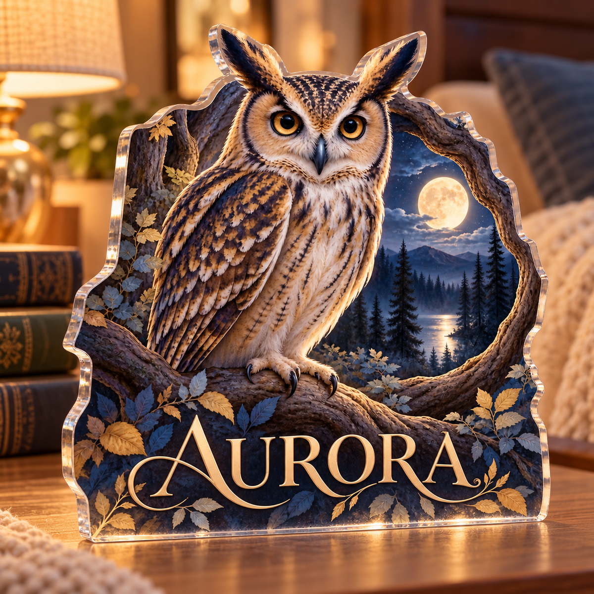 Artwork visualization: Owl hollow — bedroom statement decor, personalized AURORA, subject-shaped acrylic with printed optical 3D depth; not carved relief.
