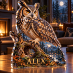 Artwork visualization: Owl hollow — living room focal point, personalized ALEX, subject-shaped acrylic with printed optical 3D depth; not carved relief.