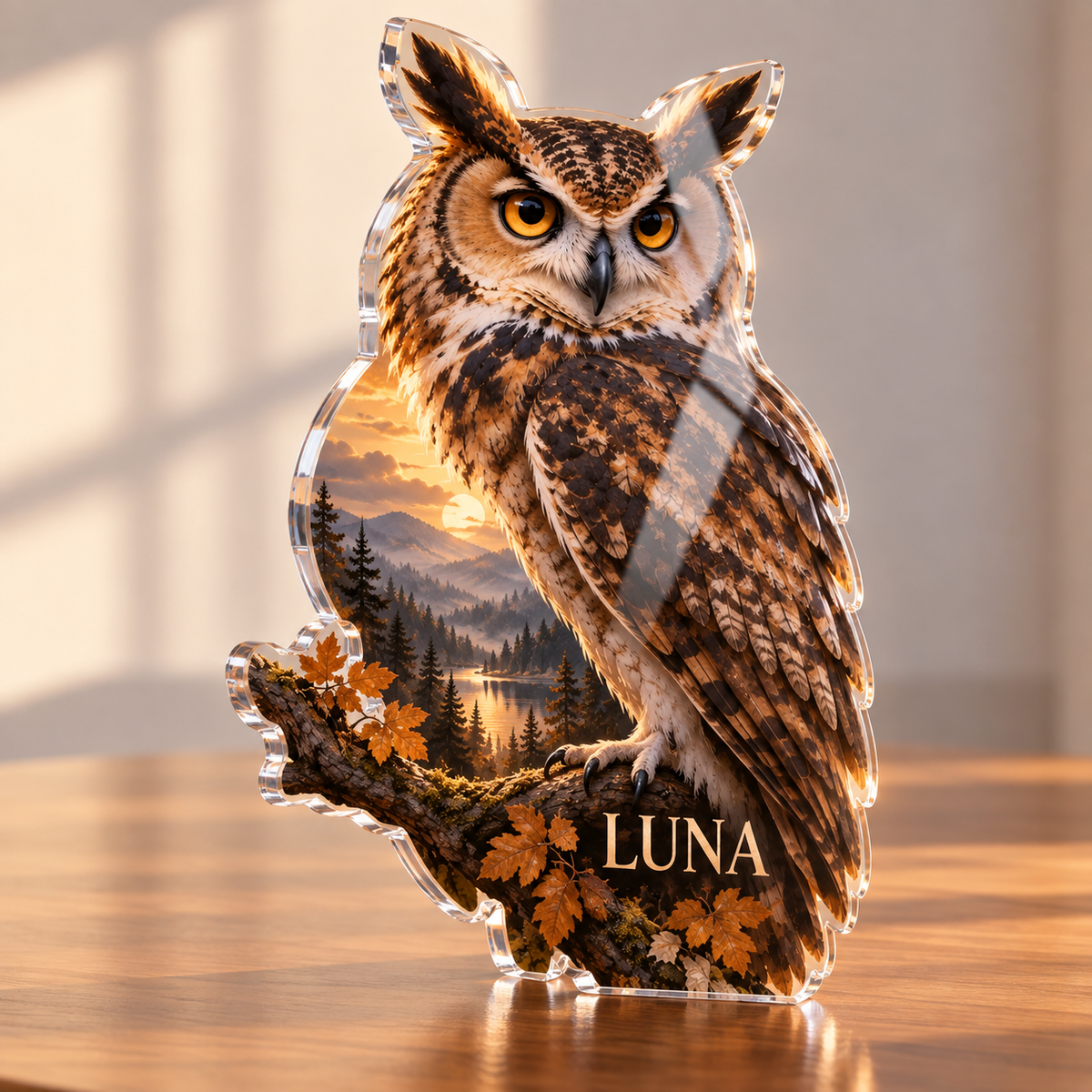 Artwork visualization: Owl hollow — home office backdrop, personalized LUNA, subject-shaped acrylic with printed optical 3D depth; not carved relief.