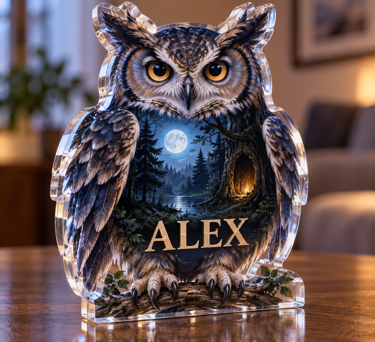 Artwork visualization: Owl hollow — personalized housewarming, personalized ALEX, subject-shaped acrylic with printed optical 3D depth; not carved relief.