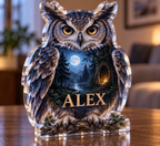 Artwork visualization: Owl hollow — personalized housewarming, personalized ALEX, subject-shaped acrylic with printed optical 3D depth; not carved relief.