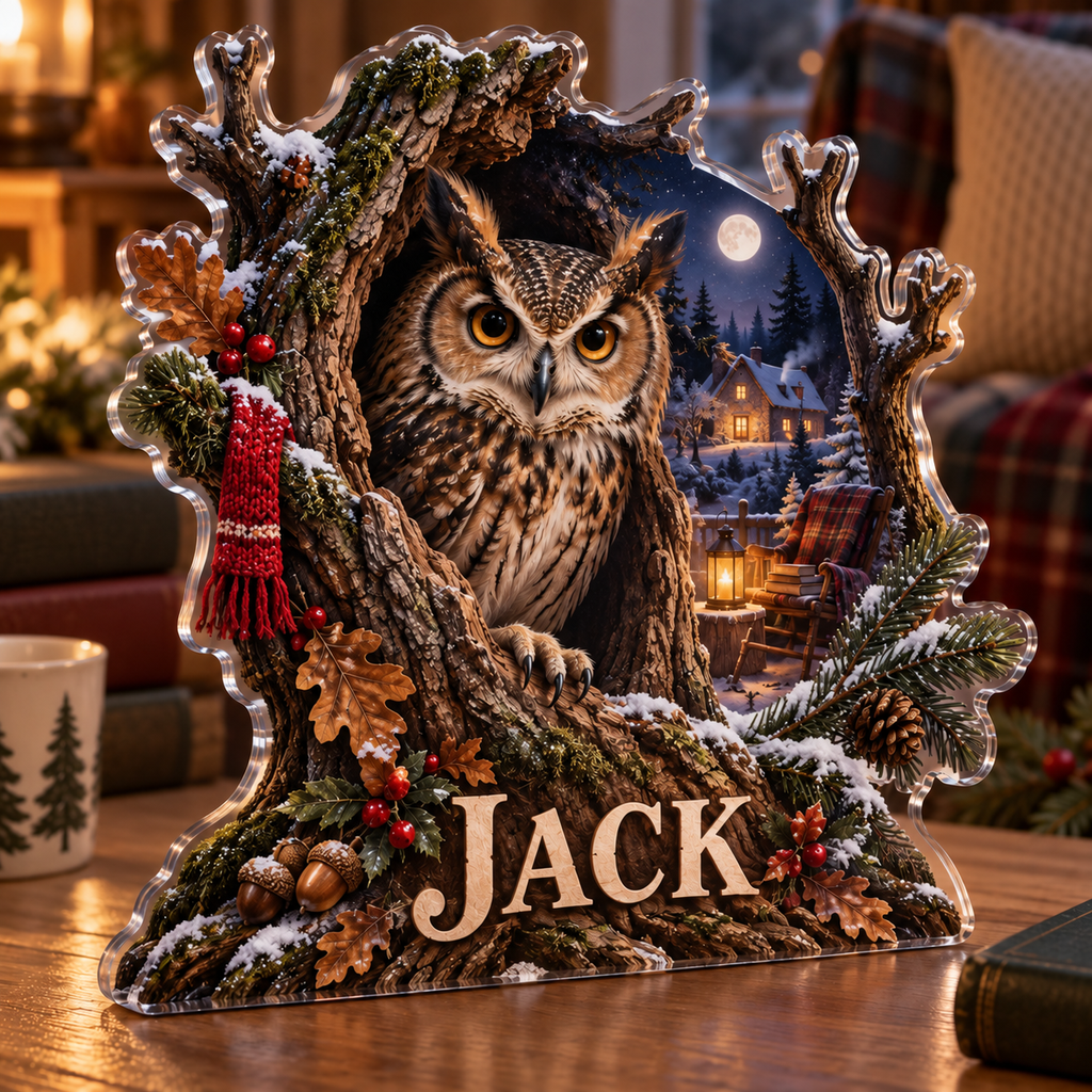 Artwork visualization: Owl hollow — quiet corner decoration, personalized JACK, subject-shaped acrylic with printed optical 3D depth; not carved relief.