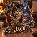 Artwork visualization: Owl hollow — quiet corner decoration, personalized JACK, subject-shaped acrylic with printed optical 3D depth; not carved relief.