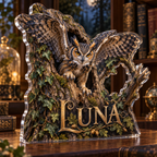 Artwork visualization: Owl hollow — collector birthday keepsake, personalized LUNA, subject-shaped acrylic with printed optical 3D depth; not carved relief.