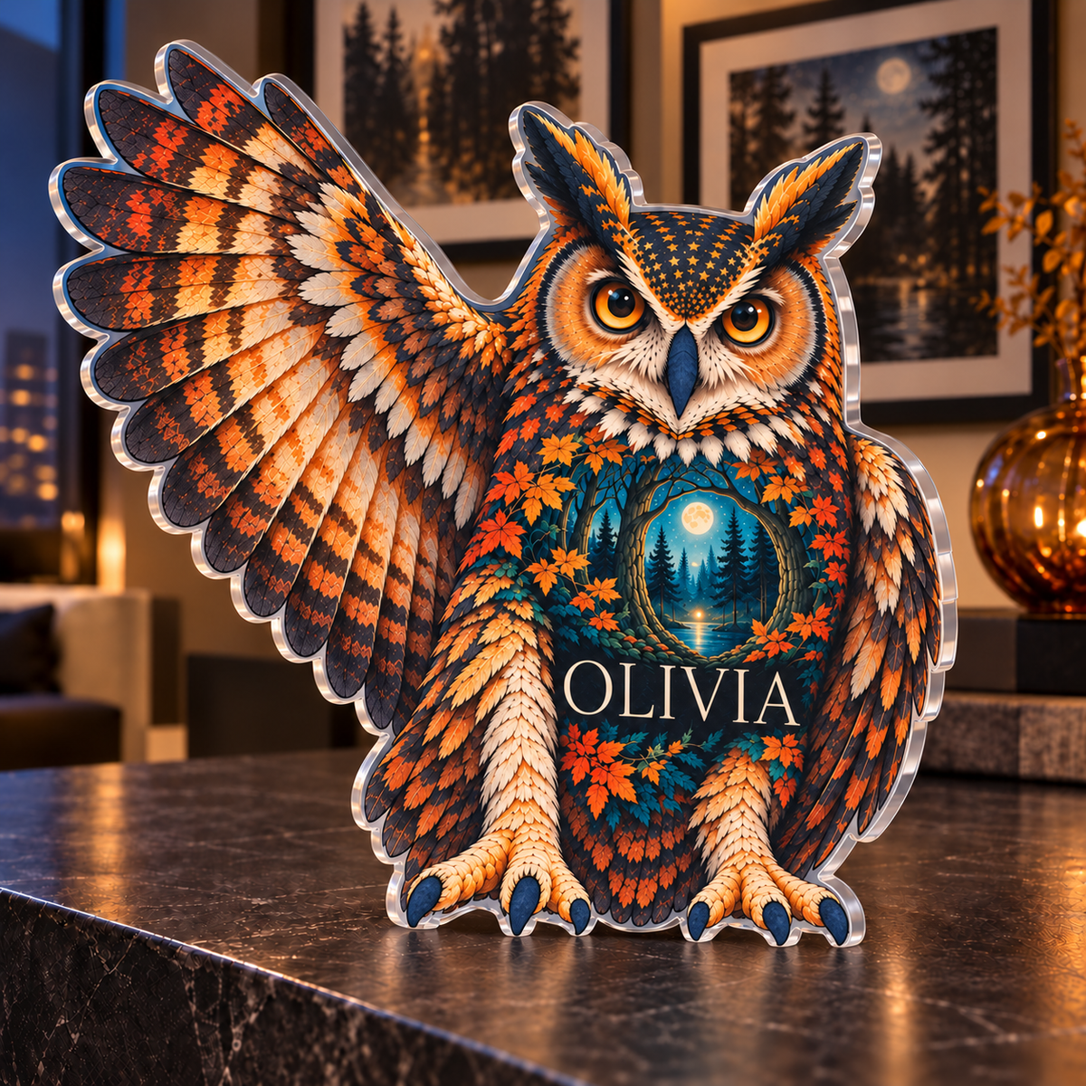 Personalized Owl Hollow — Apartment Gallery Wall acrylic plaque with an example name set into the artwork, digital preview