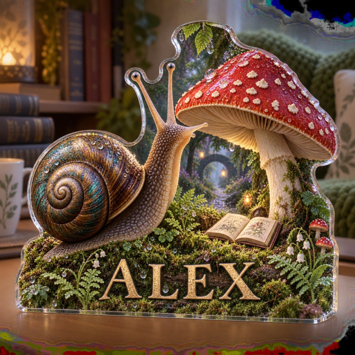 Personalized Snail And Toadstool Reading Nook Decor custom shape acrylic plaque with an example name set into the artwork, digital preview
