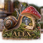Artwork visualization: Snail and toadstool — reading nook decor, personalized ALEX, subject-shaped acrylic with printed optical 3D depth; not carved relief.