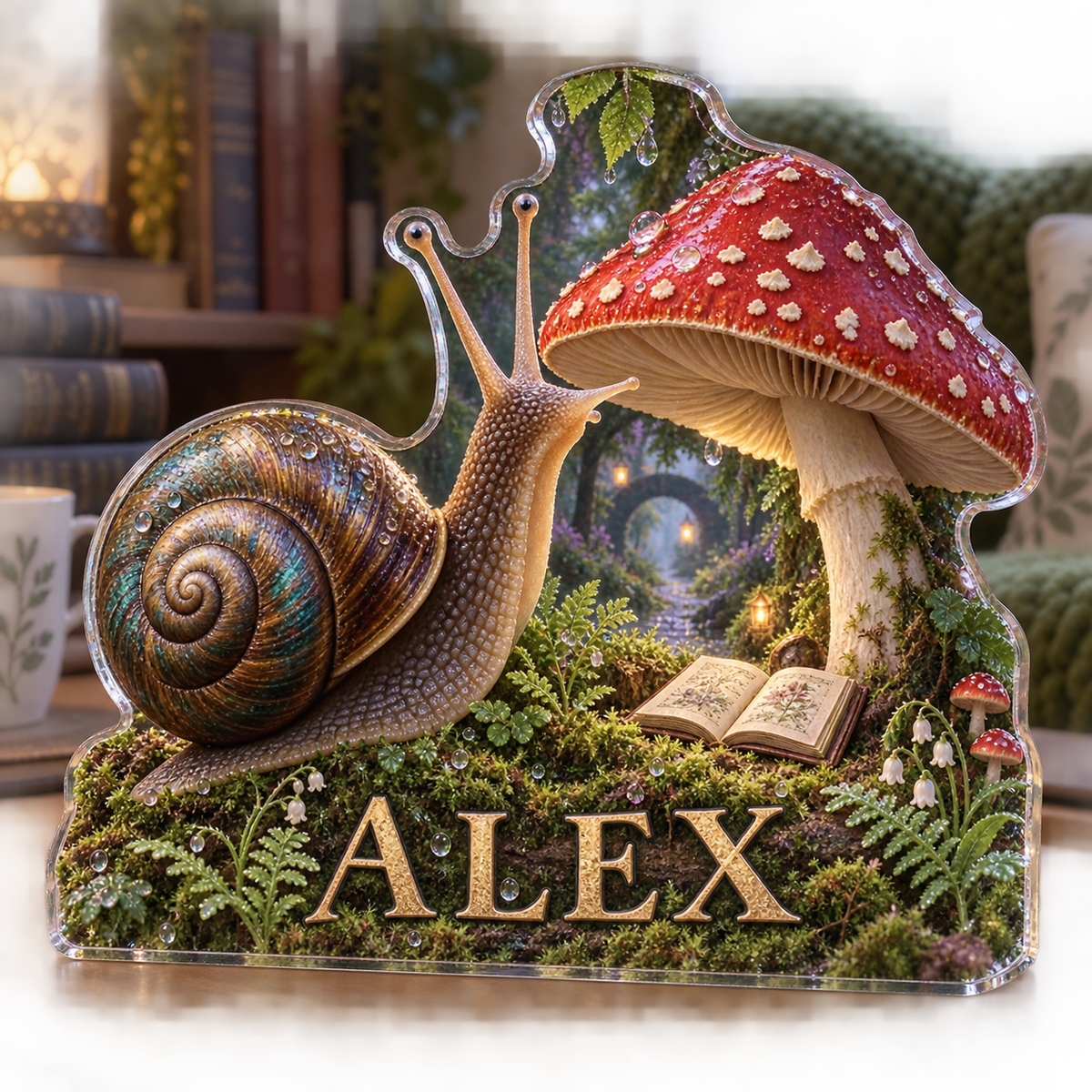 Artwork visualization: Snail and toadstool — reading nook decor, personalized ALEX, subject-shaped acrylic with printed optical 3D depth; not carved relief.