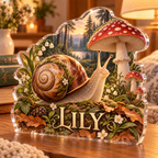 Artwork visualization: Snail and toadstool — bedroom statement decor, personalized LILY, subject-shaped acrylic with printed optical 3D depth; not carved relief.