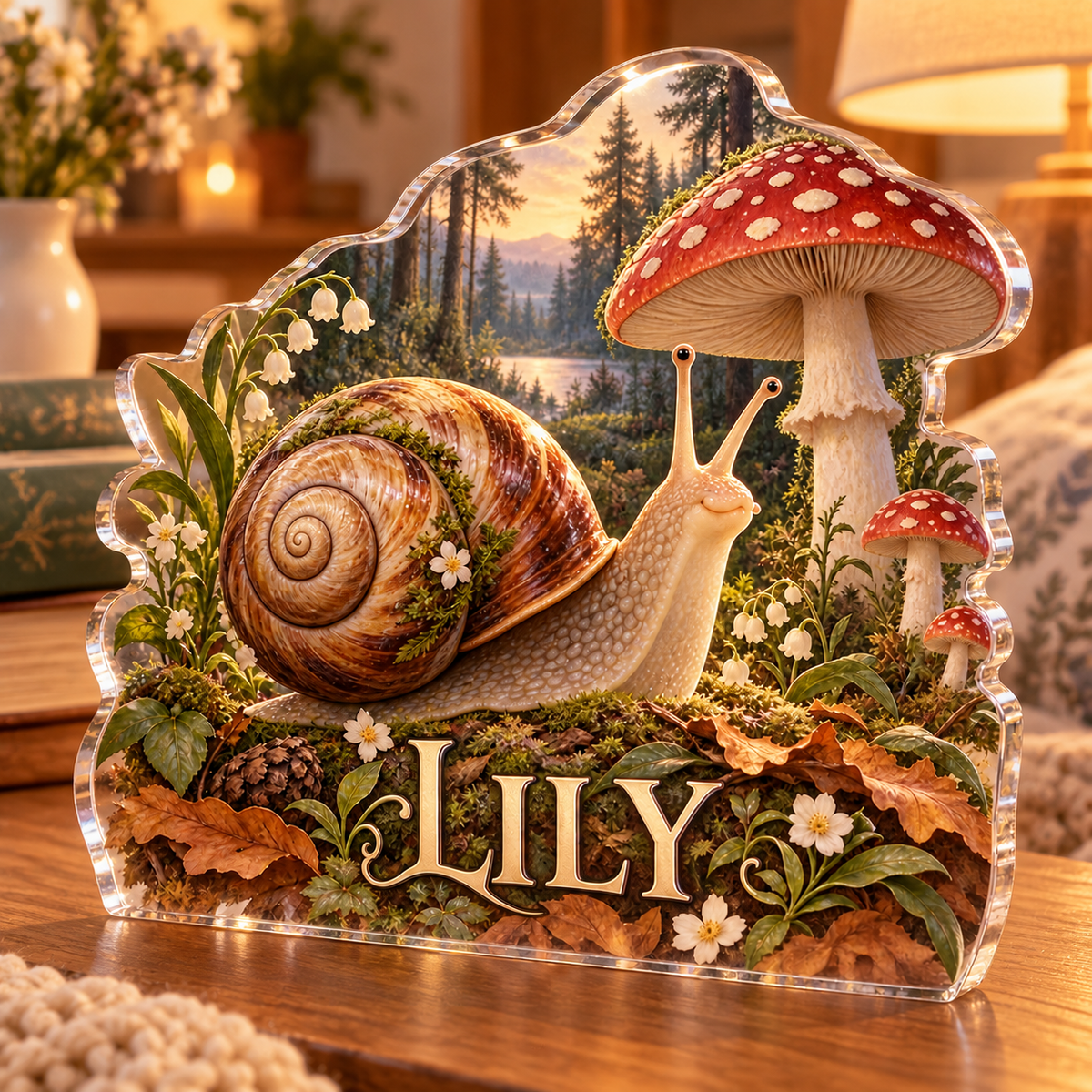 Artwork visualization: Snail and toadstool — bedroom statement decor, personalized LILY, subject-shaped acrylic with printed optical 3D depth; not carved relief.