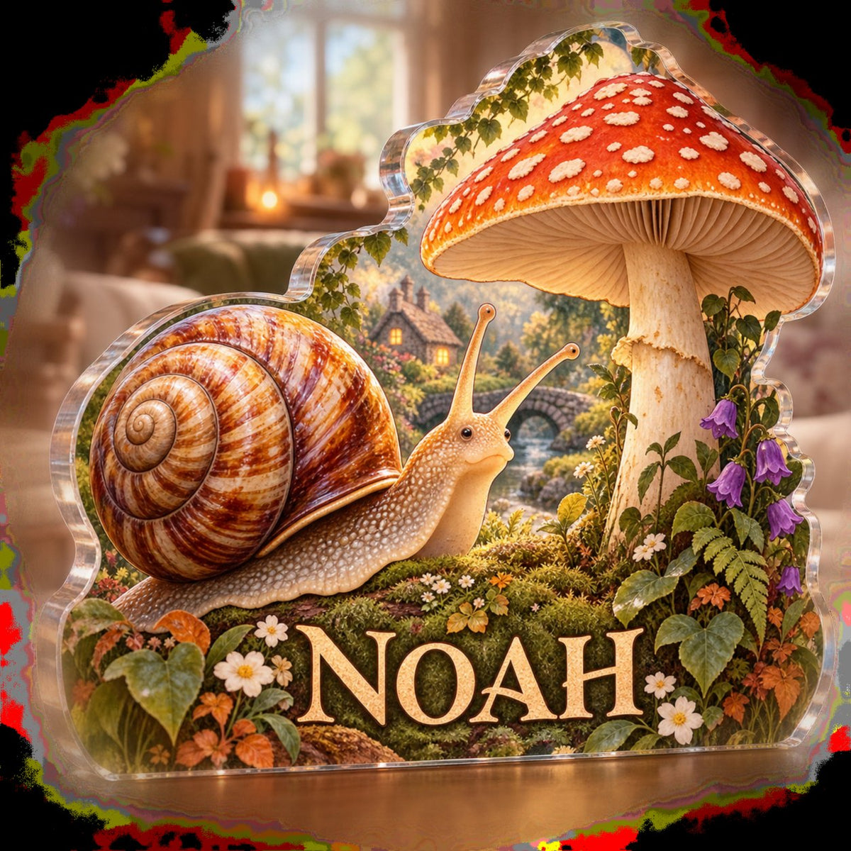 Personalized Snail And Toadstool Living Room Focal Point custom shape acrylic plaque with an example name set into the artwork, digital preview