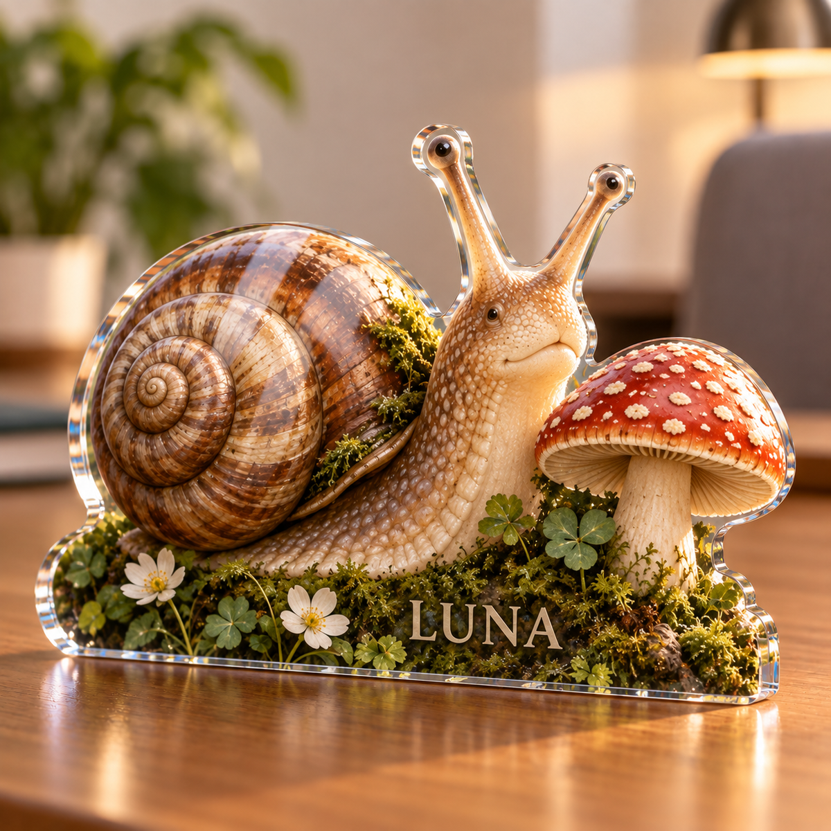 Artwork visualization: Snail and toadstool — home office backdrop, personalized LUNA, subject-shaped acrylic with printed optical 3D depth; not carved relief.